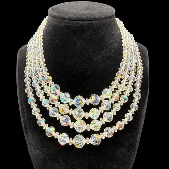 Vintage Jewelry - Vintage MCM Crystal Aurora Borealis 4 Strand Necklace Rhinestone neck